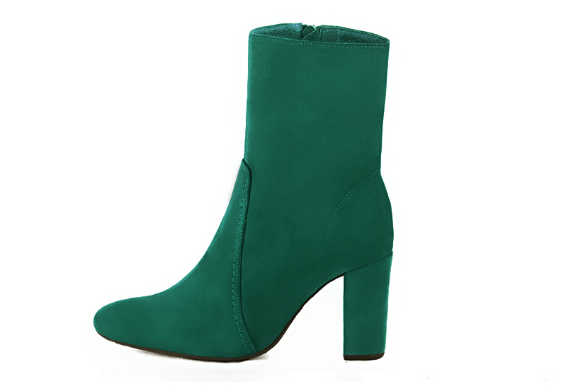 Emerald green women's ankle boots with a zip on the inside. Round toe. High block heels. Profile view - Florence KOOIJMAN